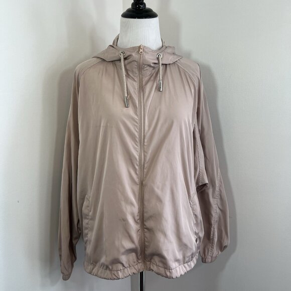 Soia & Kyo Windbreaker Raincoat Jacket S/M Hood Zip Pockets Beige Silver - Picture 1 of 13